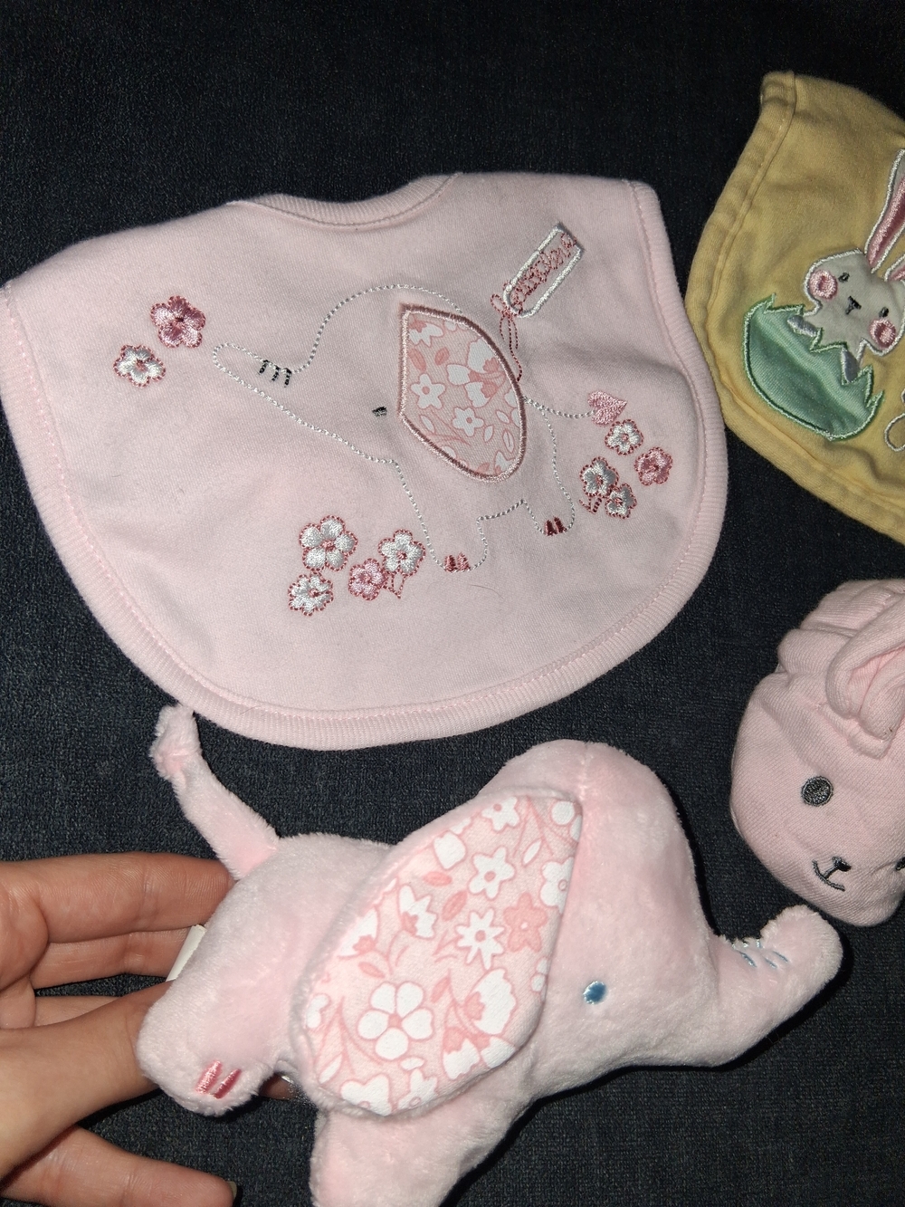 Baby Pink Elephant Bib with Matching Plush Toy - Soft Floral Design
